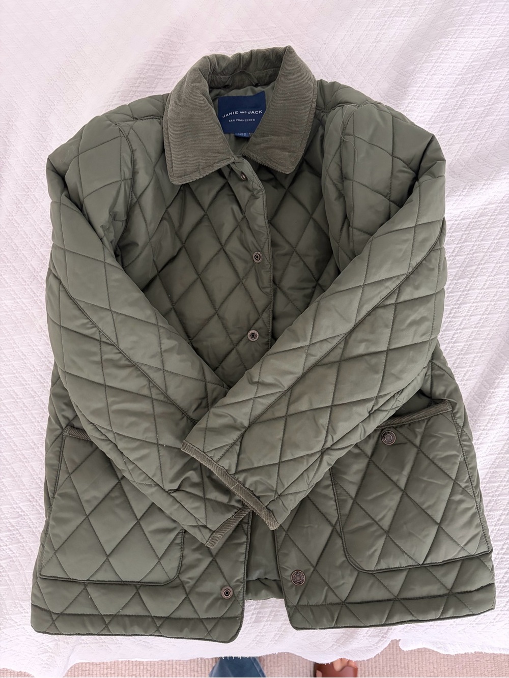 Janie and Jack Quilted Olive Puffer Jacket with Corduroy Collar